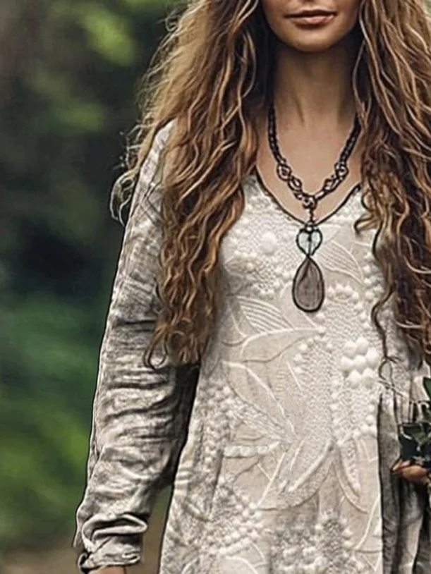 Women Floral V Neck Long Sleeve Comfy Casual Maxi Dress