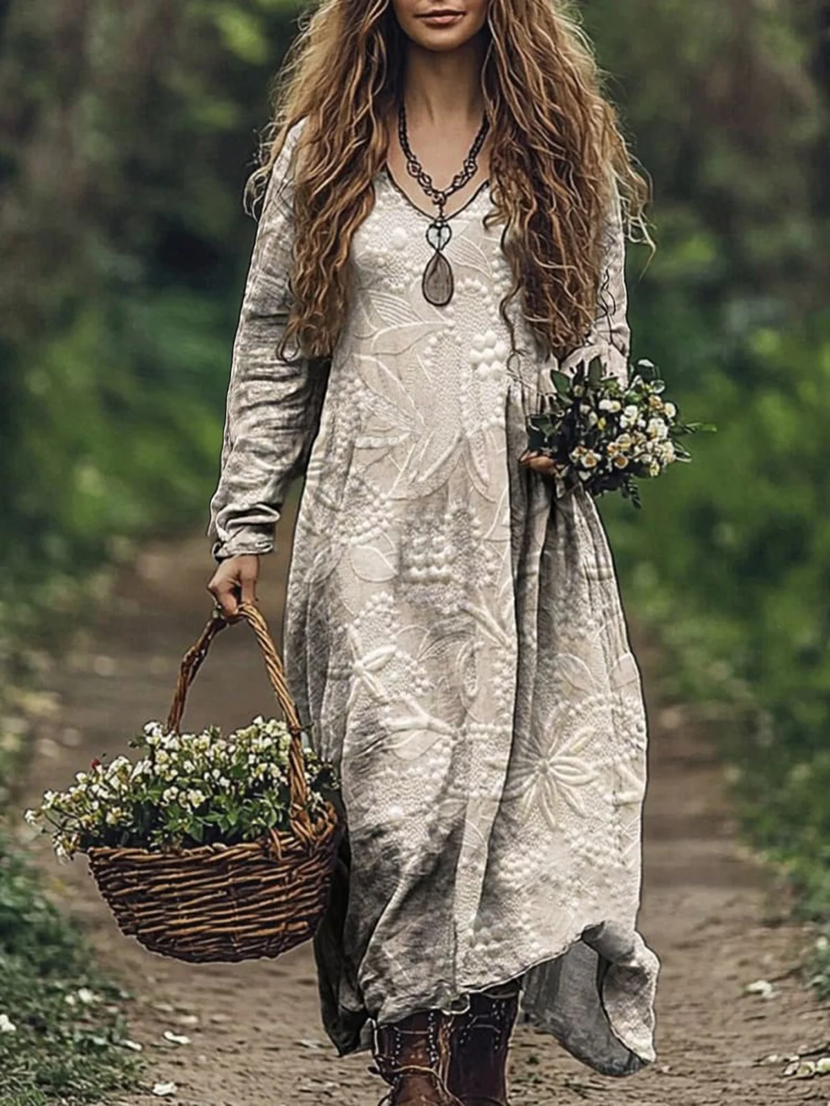 Women Floral V Neck Long Sleeve Comfy Casual Maxi Dress