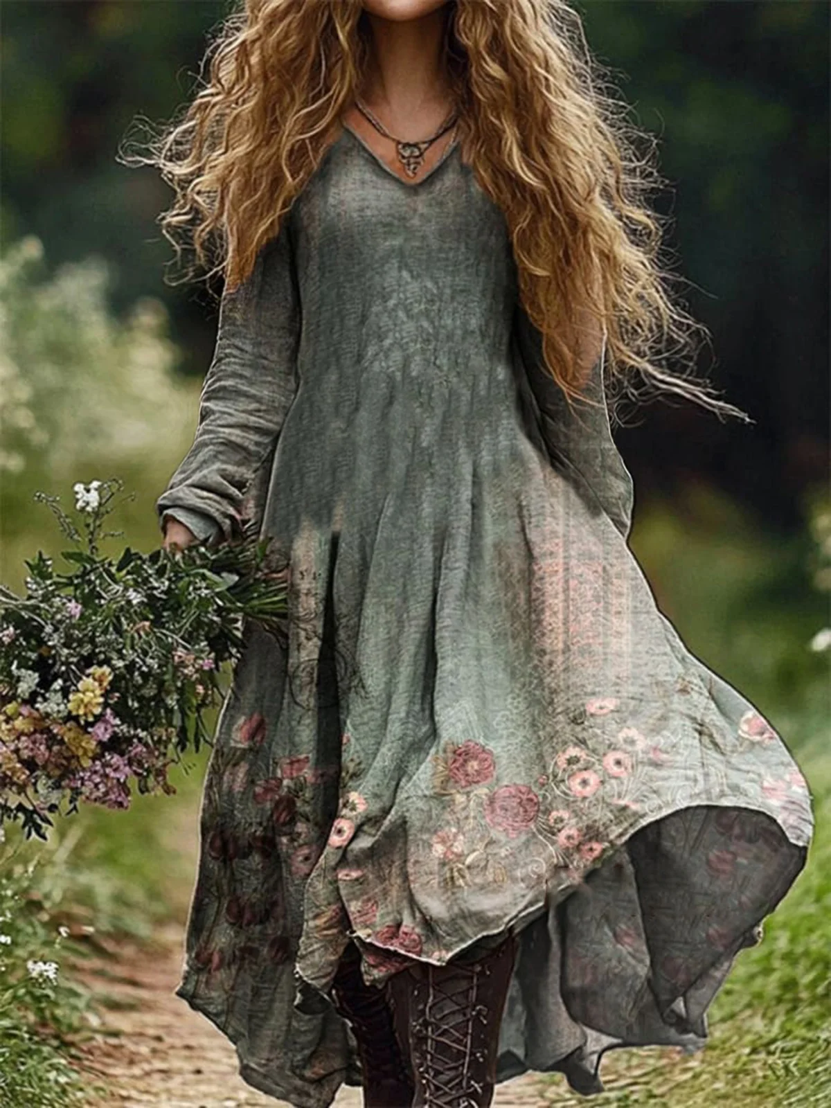 Women Floral V Neck Long Sleeve Comfy Casual Maxi Dress