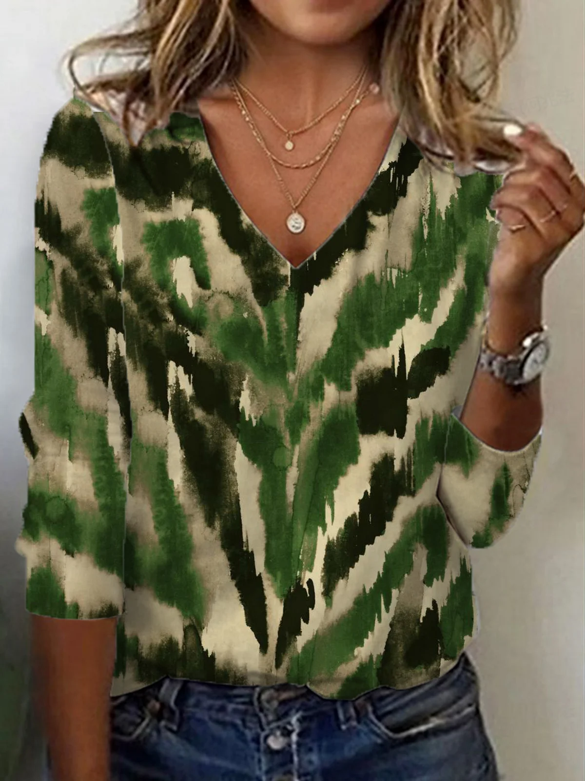 Casual Leopard V Neck Long Sleeve T-shirt