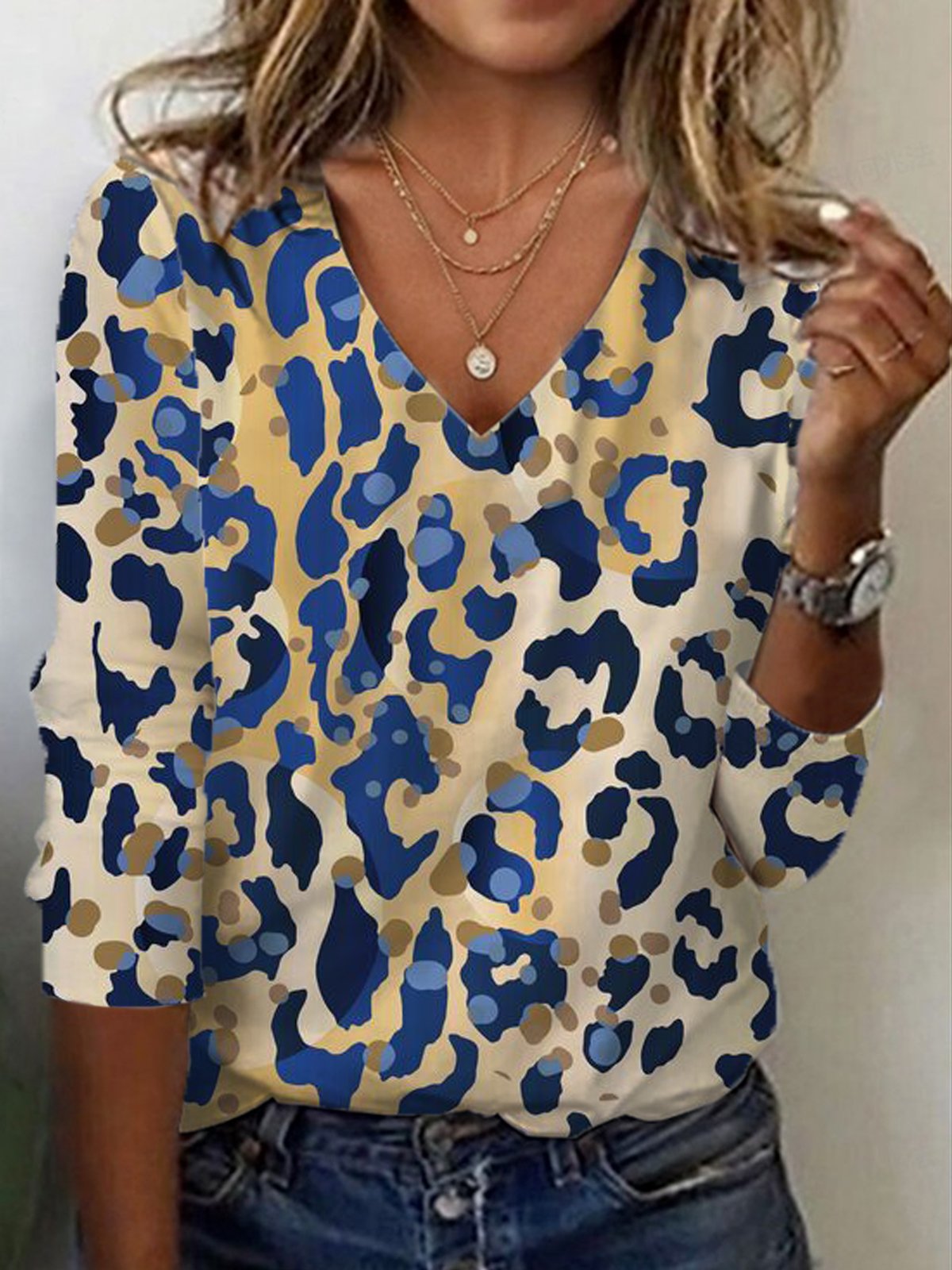 Casual Leopard V Neck Long Sleeve T-shirt