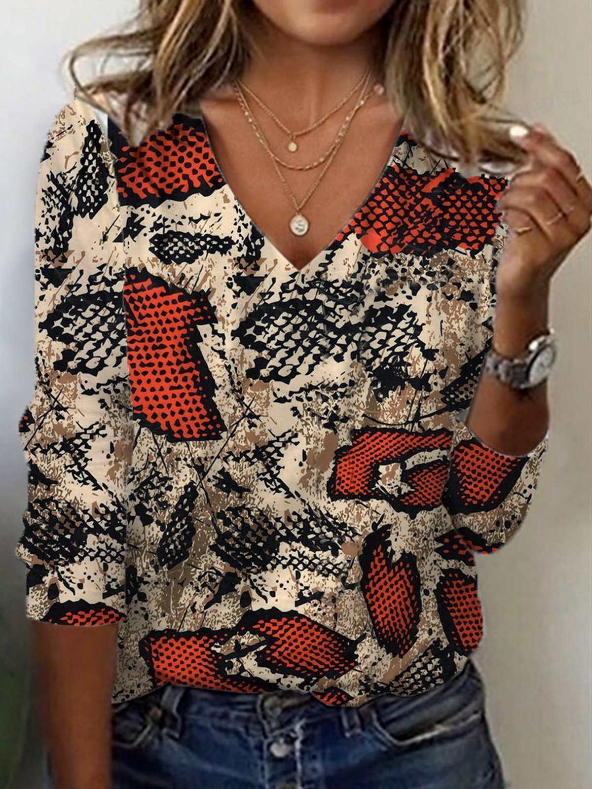 Casual Leopard V Neck Long Sleeve T-shirt