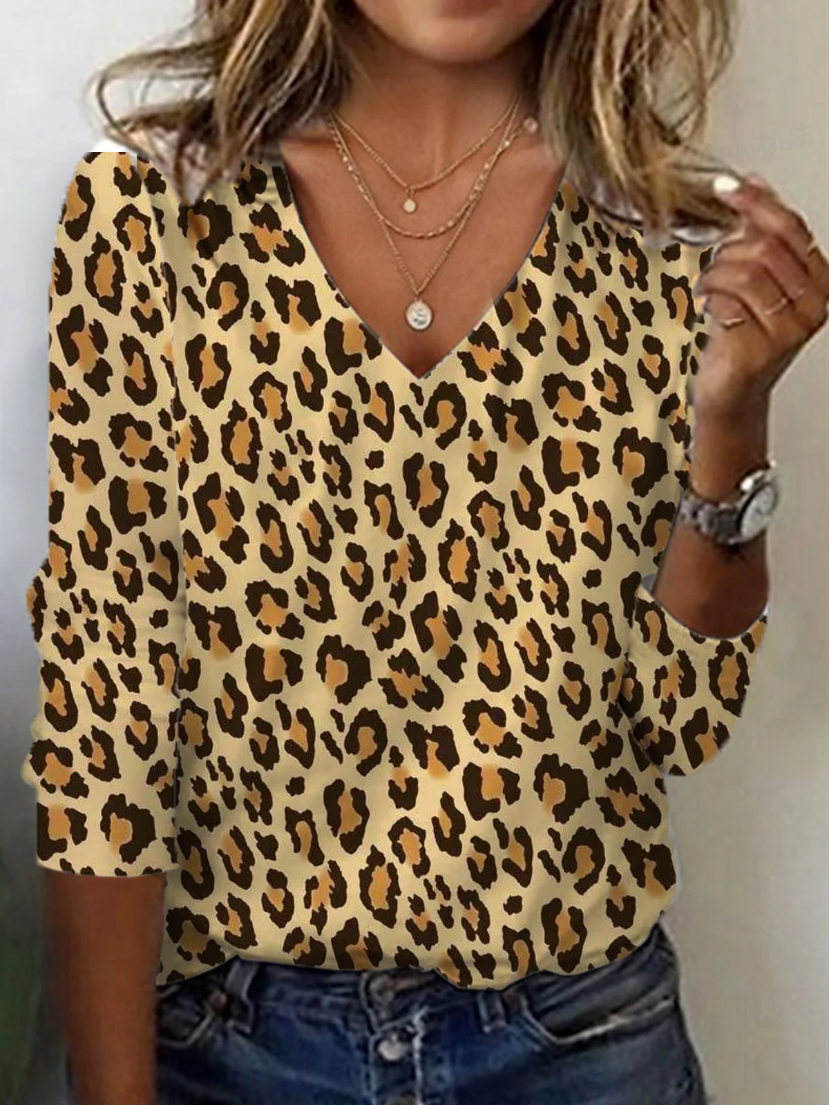 Casual Leopard V Neck Long Sleeve T-shirt