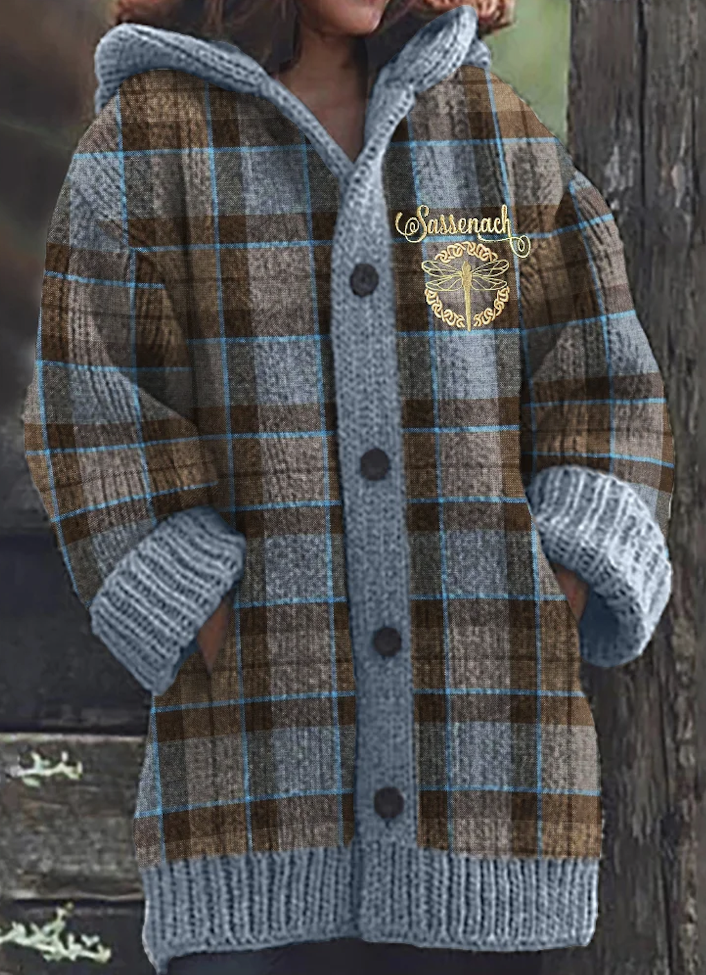 Women Knitting Plaid Print Long Sleeve Comfy Casual Cardigan