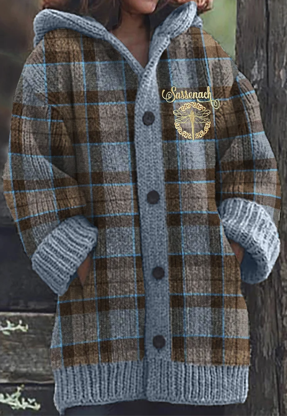 Women Knitting Plaid Print Long Sleeve Comfy Casual Cardigan