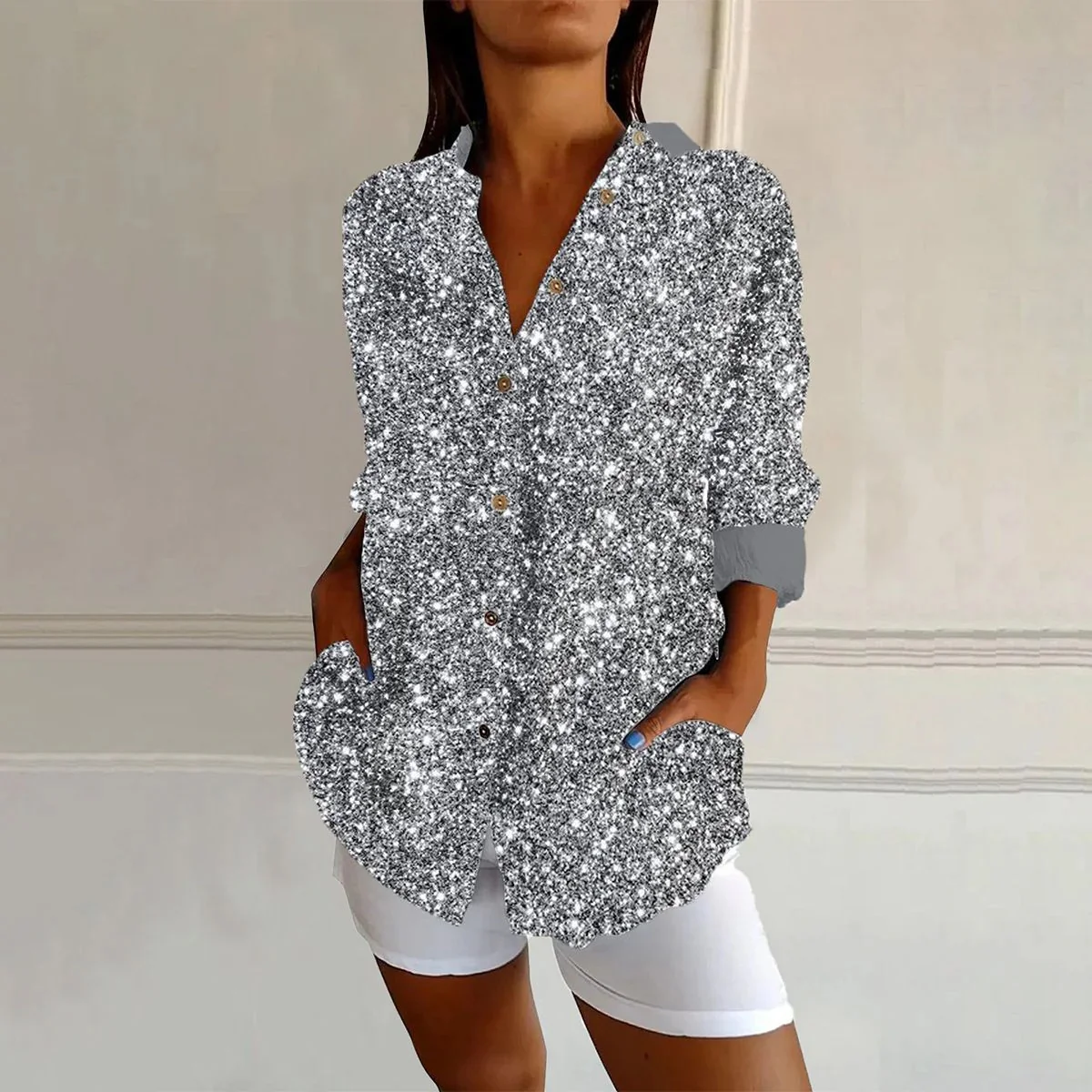 Holiday Sequins Pattern Shirt Collar Long Sleeve Abstract Regular Loose Shirt For Women