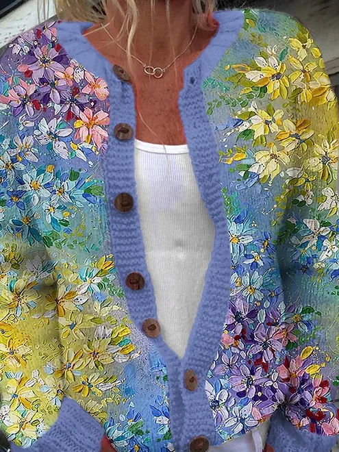 Women Knitted 3D Printing Long Sleeve Comfy Casual Cardigan