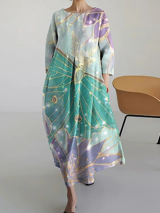 Women Floral Crew Neck Three Quarter Sleeve Comfy Casual Midi Dress