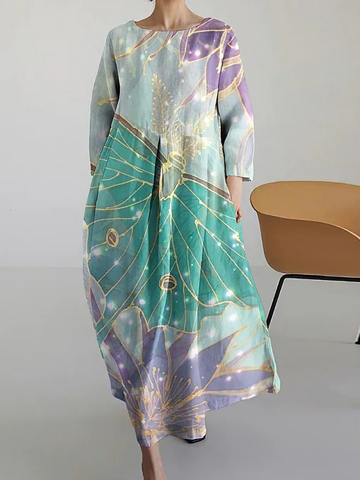 Women Floral Crew Neck Three Quarter Sleeve Comfy Casual Midi Dress