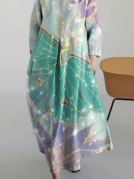 Women Floral Crew Neck Three Quarter Sleeve Comfy Casual Midi Dress