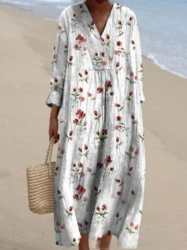 Women Vacation Floral Printing V Neck Long Sleeve Comfy Vintage Maxi Dress