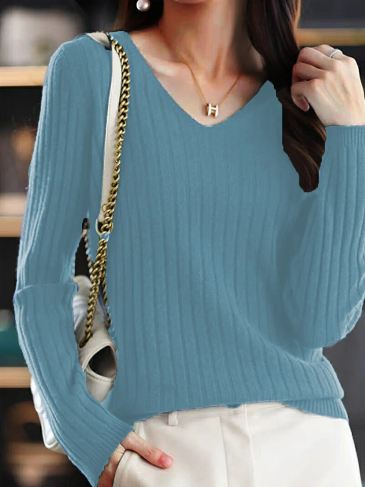 Women Yarn/Wool Yarn Plain Long Sleeve Comfy Casual Sweater