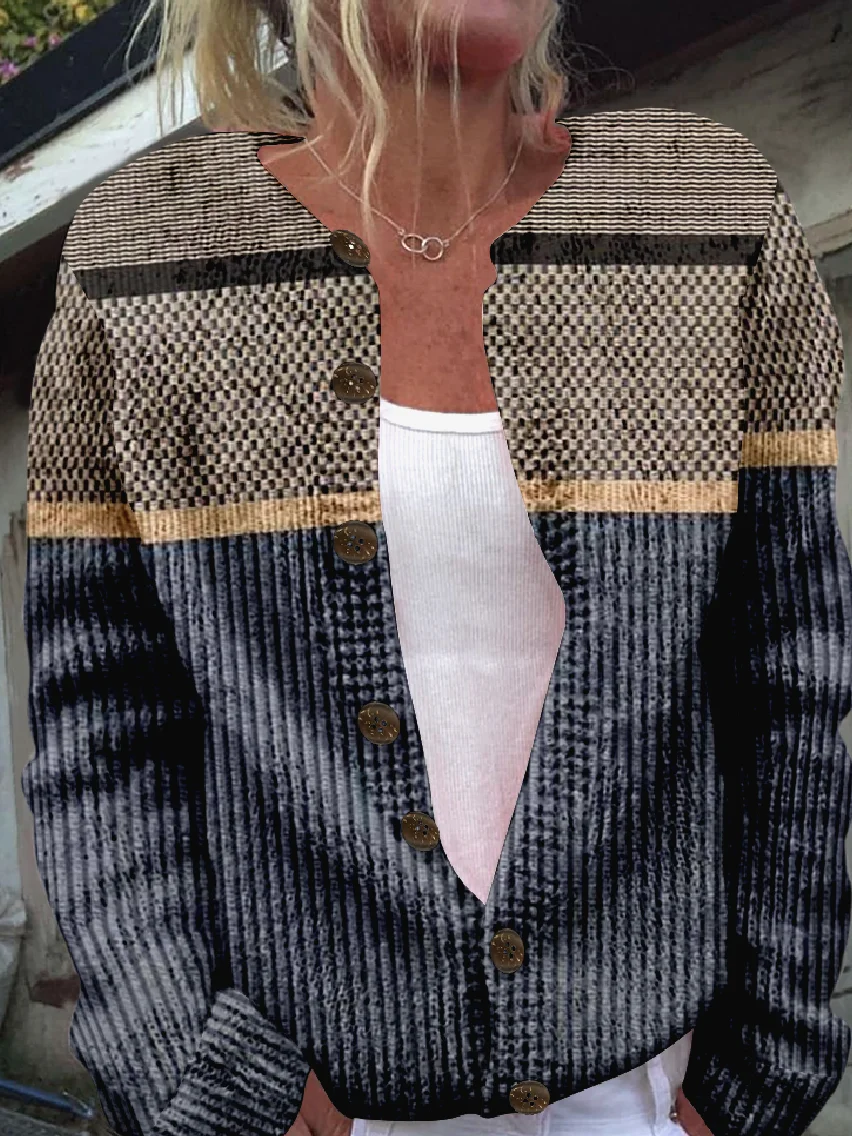 Women Knitted Striped Long Sleeve Comfy Vintage Cardigan