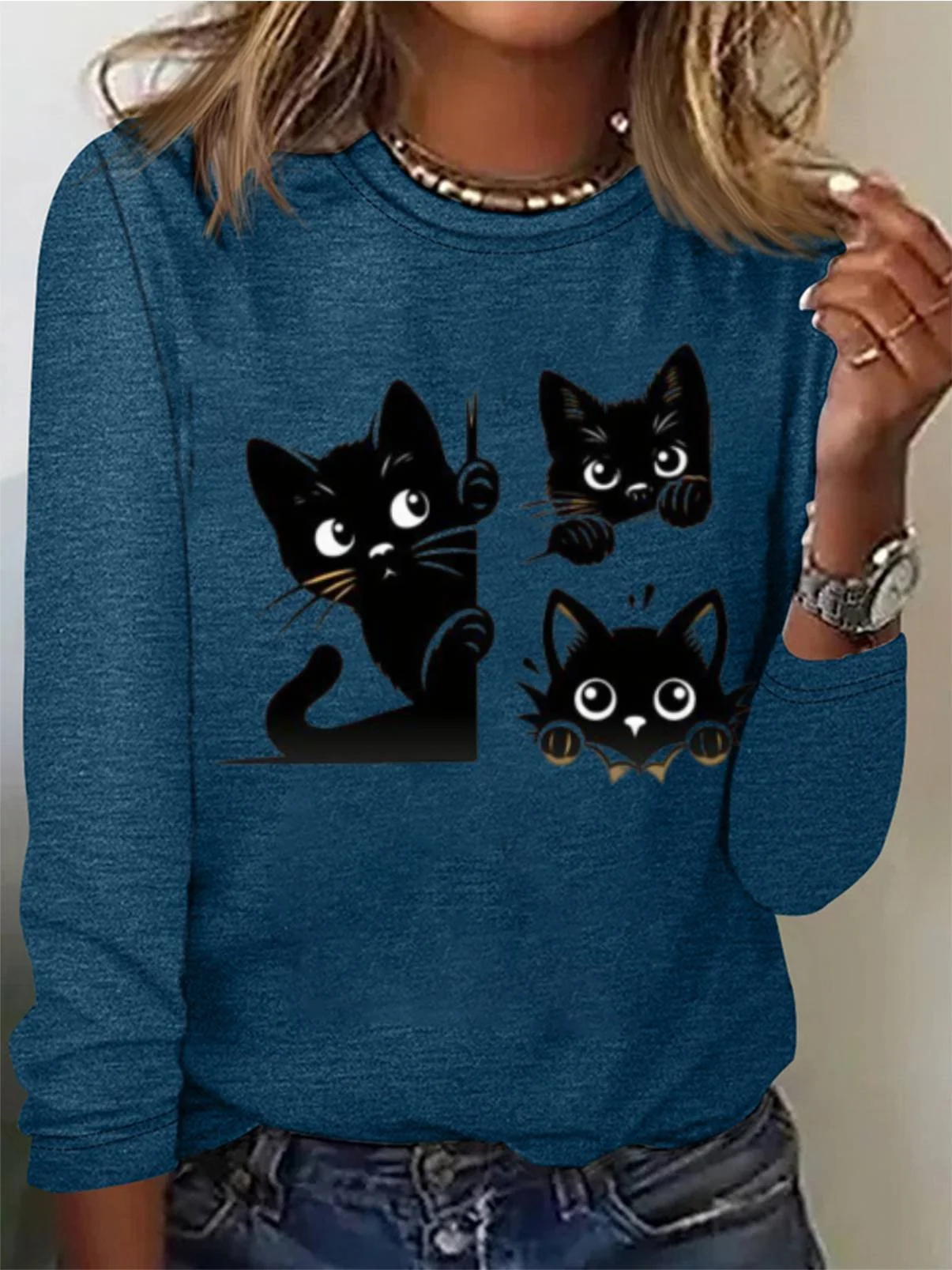 Casual Cat Crew Neck Long Sleeve T-shirt