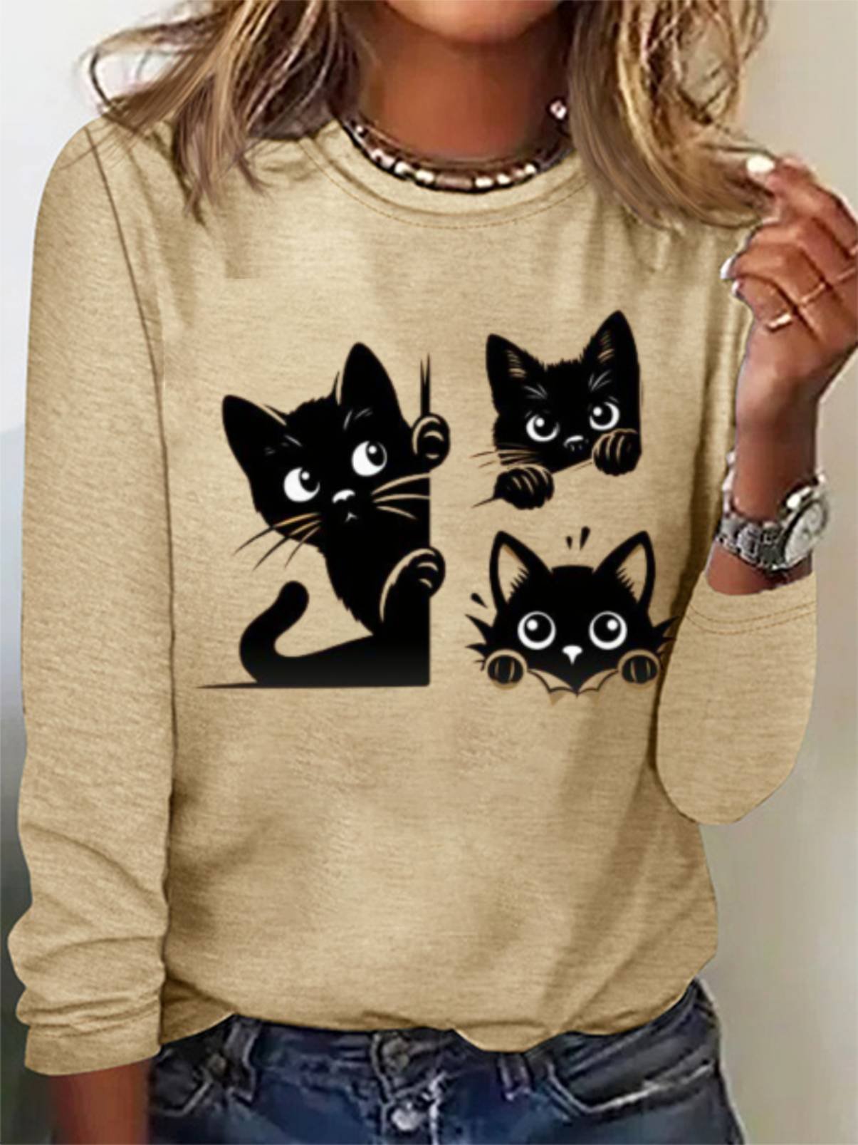 Casual Cat Crew Neck Long Sleeve T-shirt