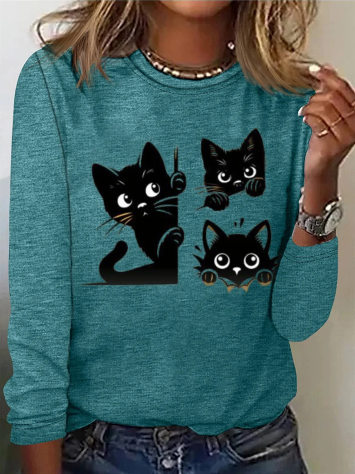 Casual Cat Crew Neck Long Sleeve T-shirt