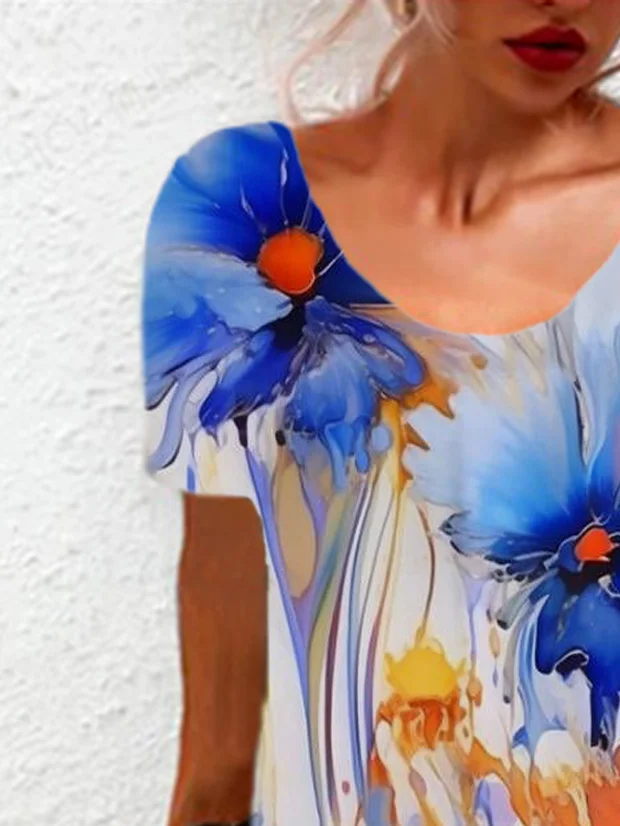 Women Floral Crew Neck Short Sleeve Comfy Casual Mini Dress