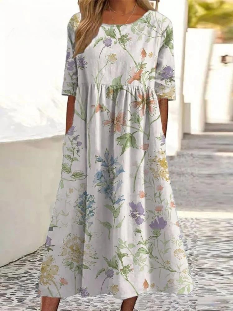 Women Floral  Printing Crew Neck Half Sleeve Comfy Vintage Maxi Dress