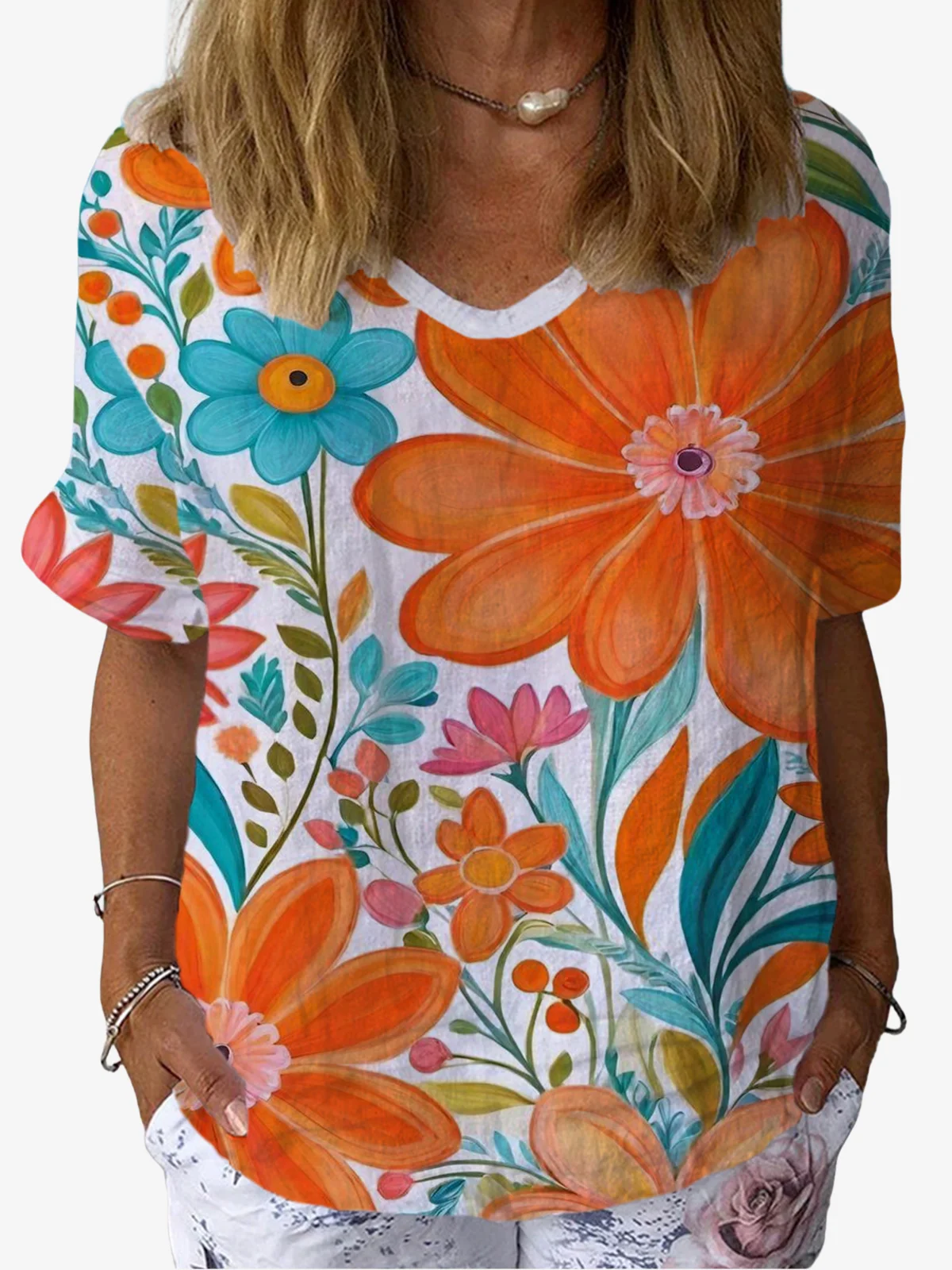 Crew Neck Short Sleeve Floral Regular Loose TUNIC Blouse For Women