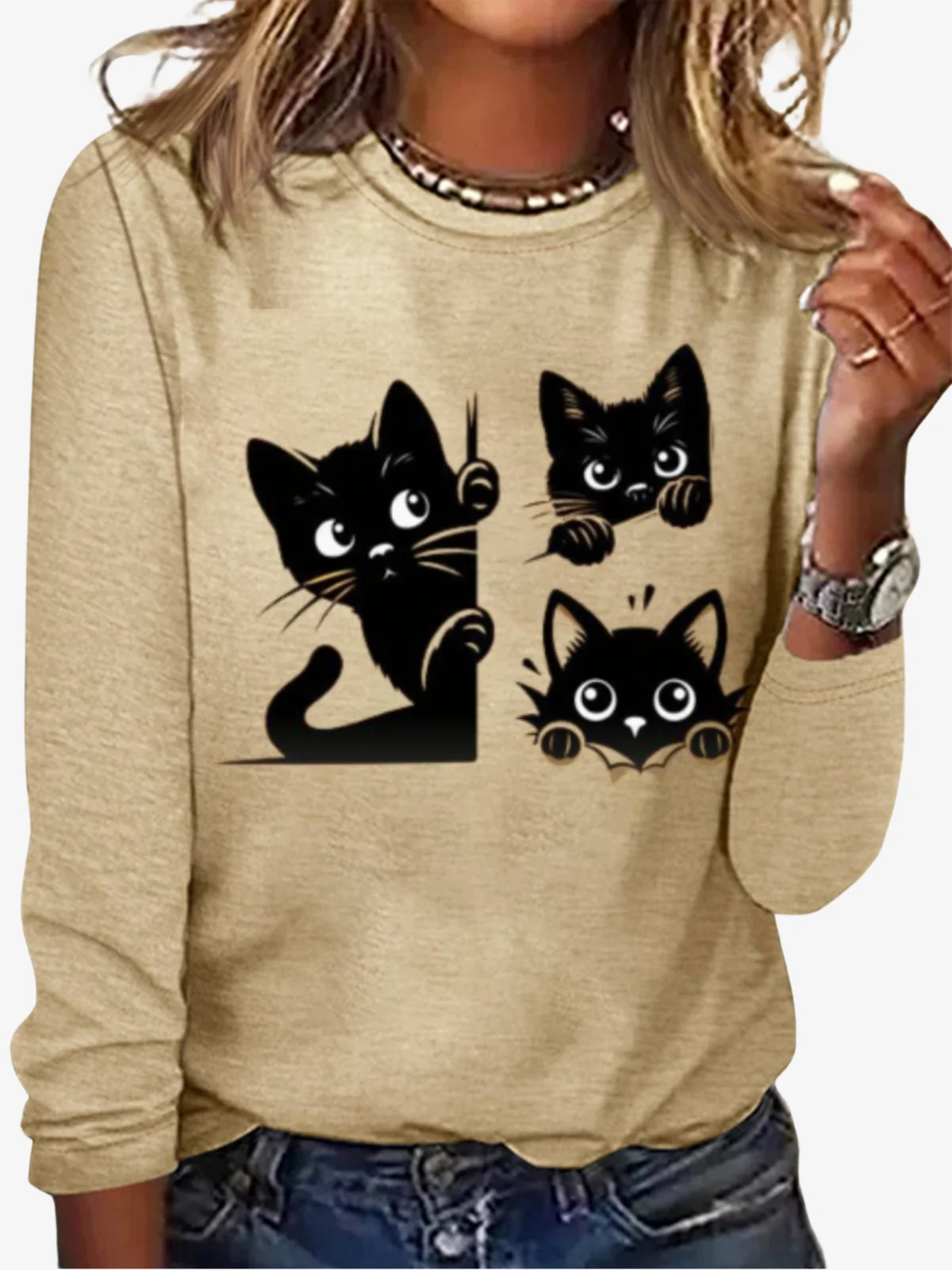 Casual Cat Crew Neck Long Sleeve T-shirt