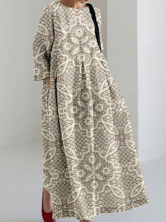 Women 3D Printing Crew Neck Half Sleeve Comfy Vintage Maxi Dress