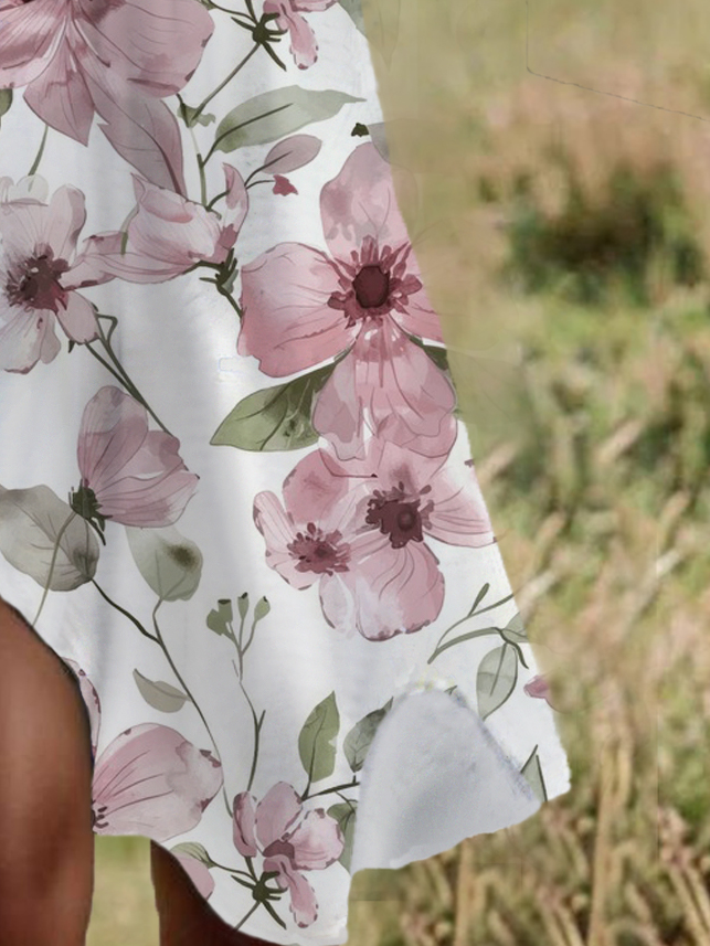 Women Floral Crew Neck Short Sleeve Comfy Casual Midi Dress