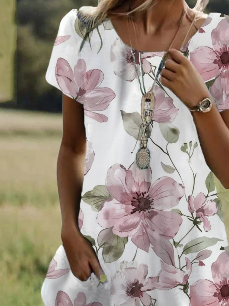 Women Floral Crew Neck Short Sleeve Comfy Casual Midi Dress