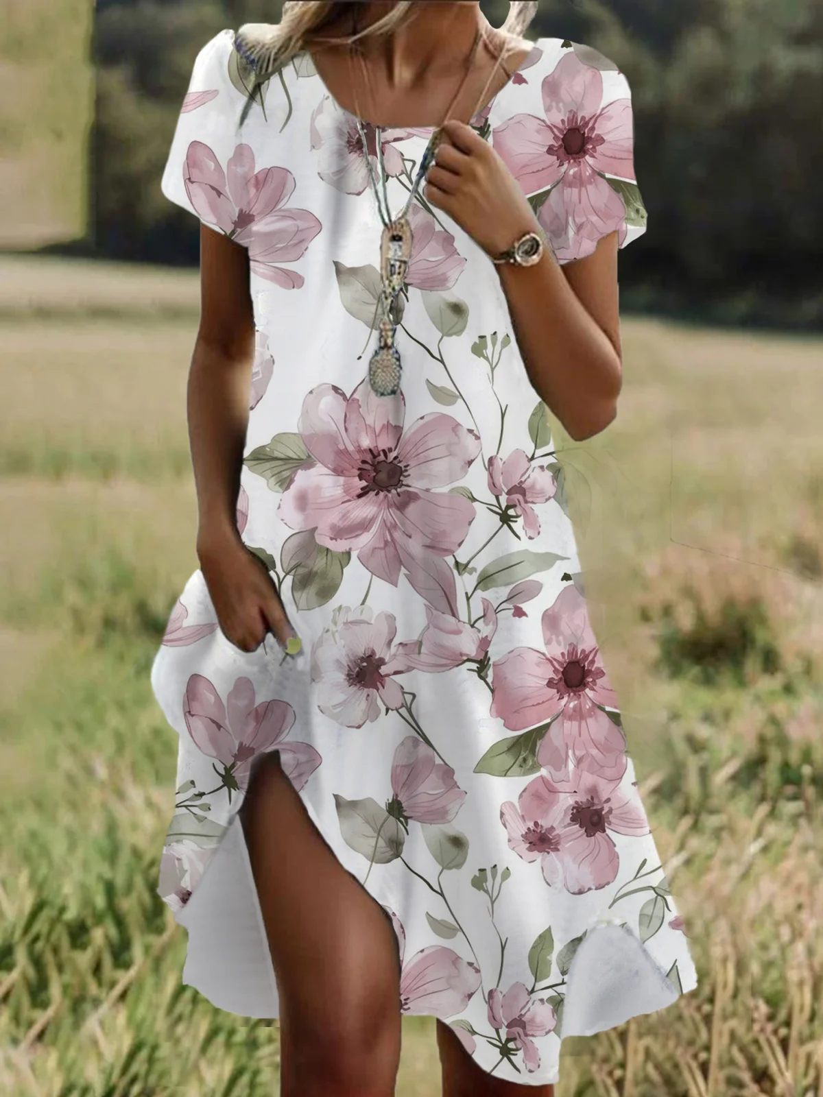 Women Floral Crew Neck Short Sleeve Comfy Casual Midi Dress