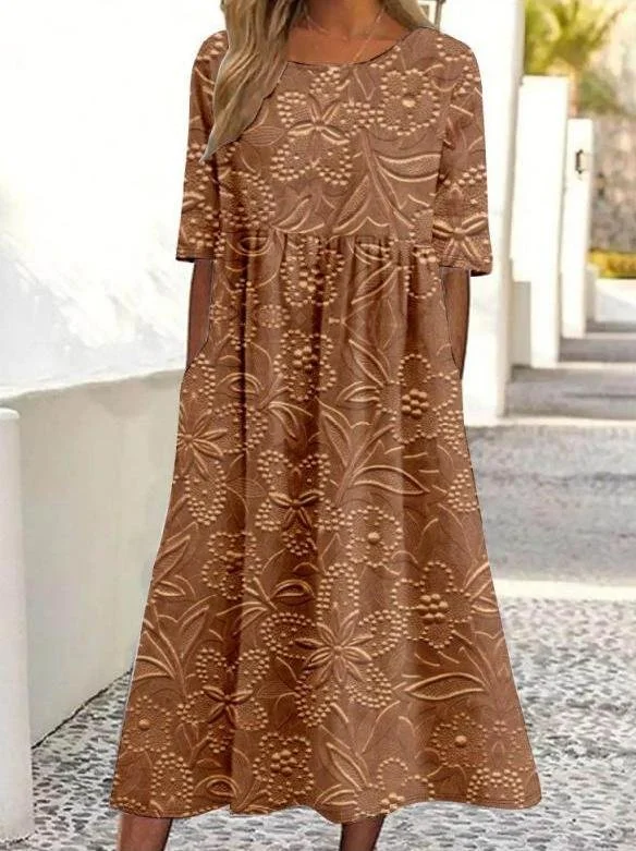 Women 3D Floral Printing Crew Neck Half Sleeve Comfy Vintage Maxi Dress