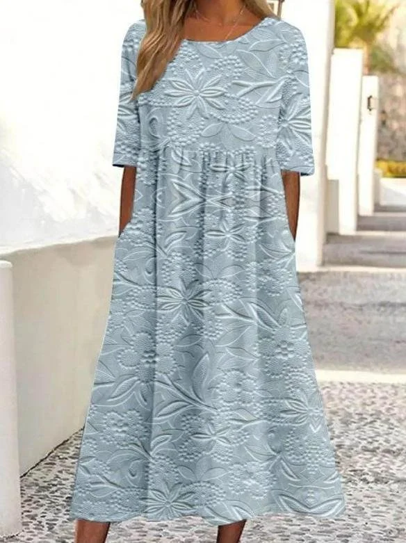 Women 3D Floral Printing Crew Neck Half Sleeve Comfy Vintage Maxi Dress