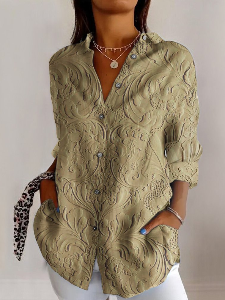 Shirt Collar Long Sleeve Geometric Regular Micro-Elasticity Regular Fit Shirt For Women