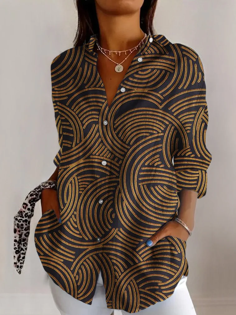 Shirt Collar Long Sleeve Striped Regular Micro-Elasticity Regular Fit Shirt For Women