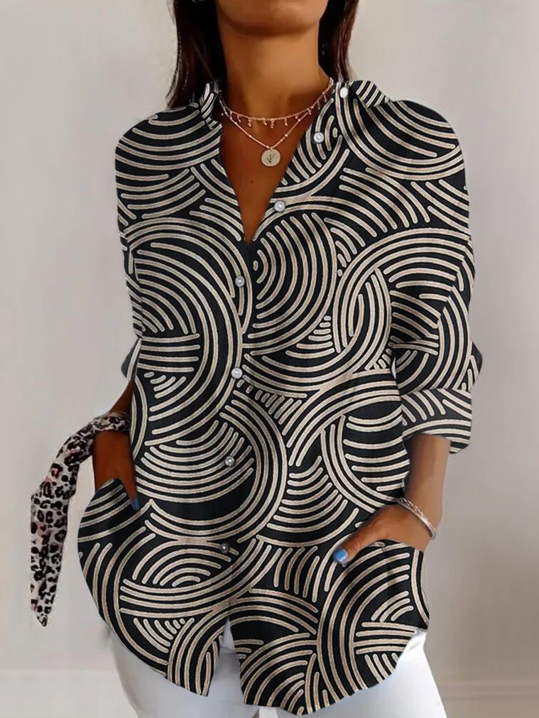 Shirt Collar Long Sleeve Striped Regular Micro-Elasticity Regular Fit Shirt For Women