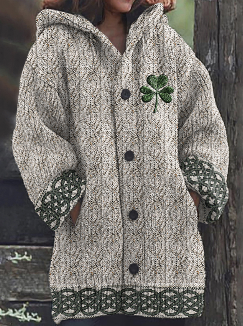 Women St. Patrick's Day Wool/Knitting Plaid Long Sleeve Comfy Casual Cardigan