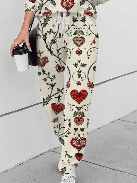 Women Floral Crew Neck Long Sleeve Comfy Casual Printing Top With Pants Two-Piece Set