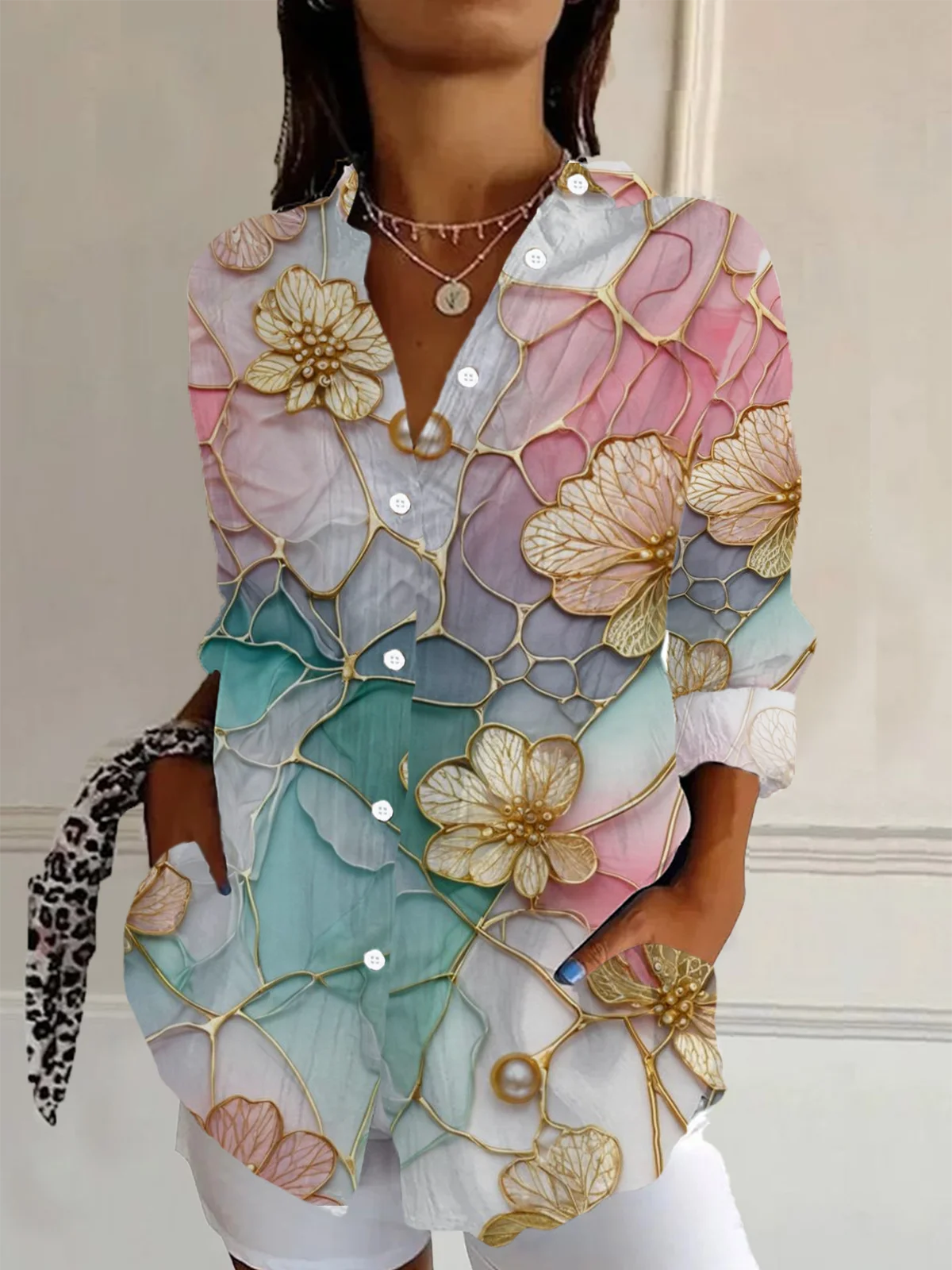 Shirt Collar Long Sleeve Floral Buckle Regular Loose Button Up Shirt Shirt For Women