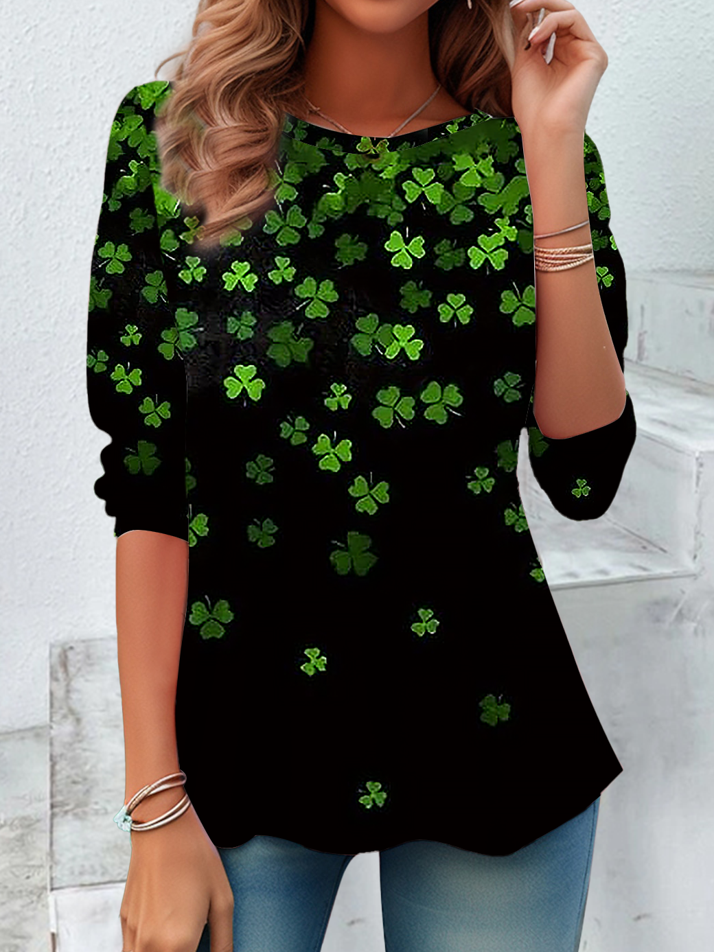 Casual St. Patrick's Day Shamrock Crew Neck Long Sleeve T-shirt