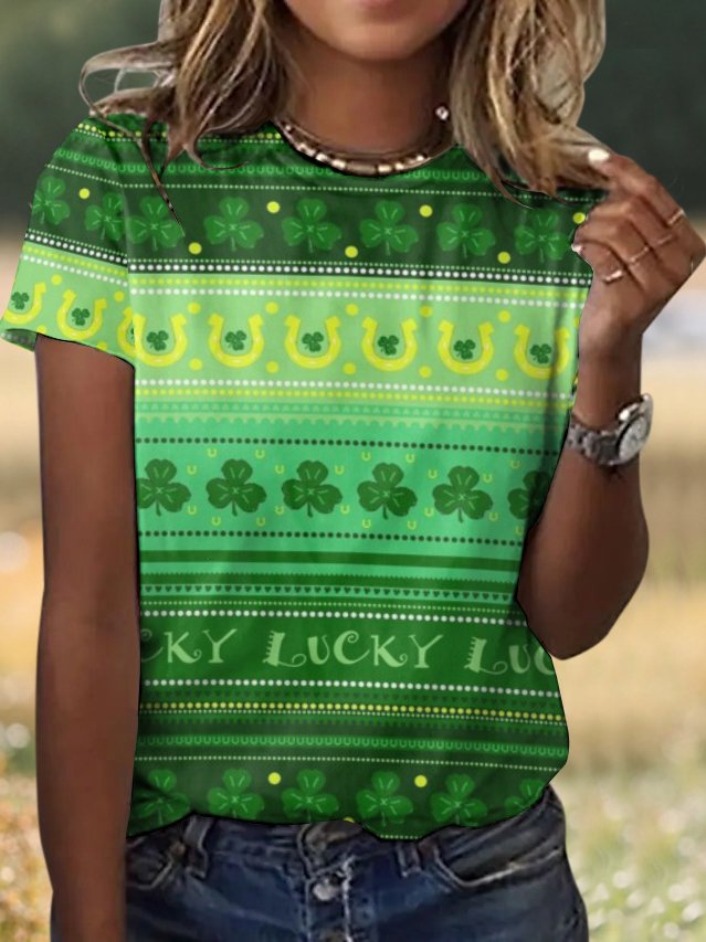 Casual St. Patrick's Day Striped Crew Neck Short Sleeve T-shirt