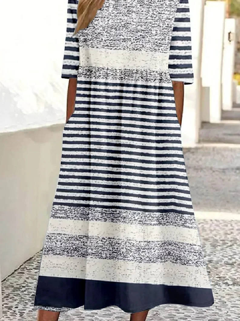 Women Striped Crew Neck Half Sleeve Comfy Vintage Maxi Dress