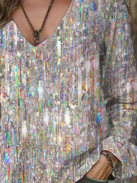 Casual Holiday Sequin V Neck Long Sleeve T-shirt