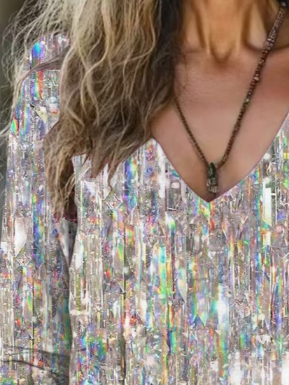 Casual Holiday Sequin V Neck Long Sleeve T-shirt