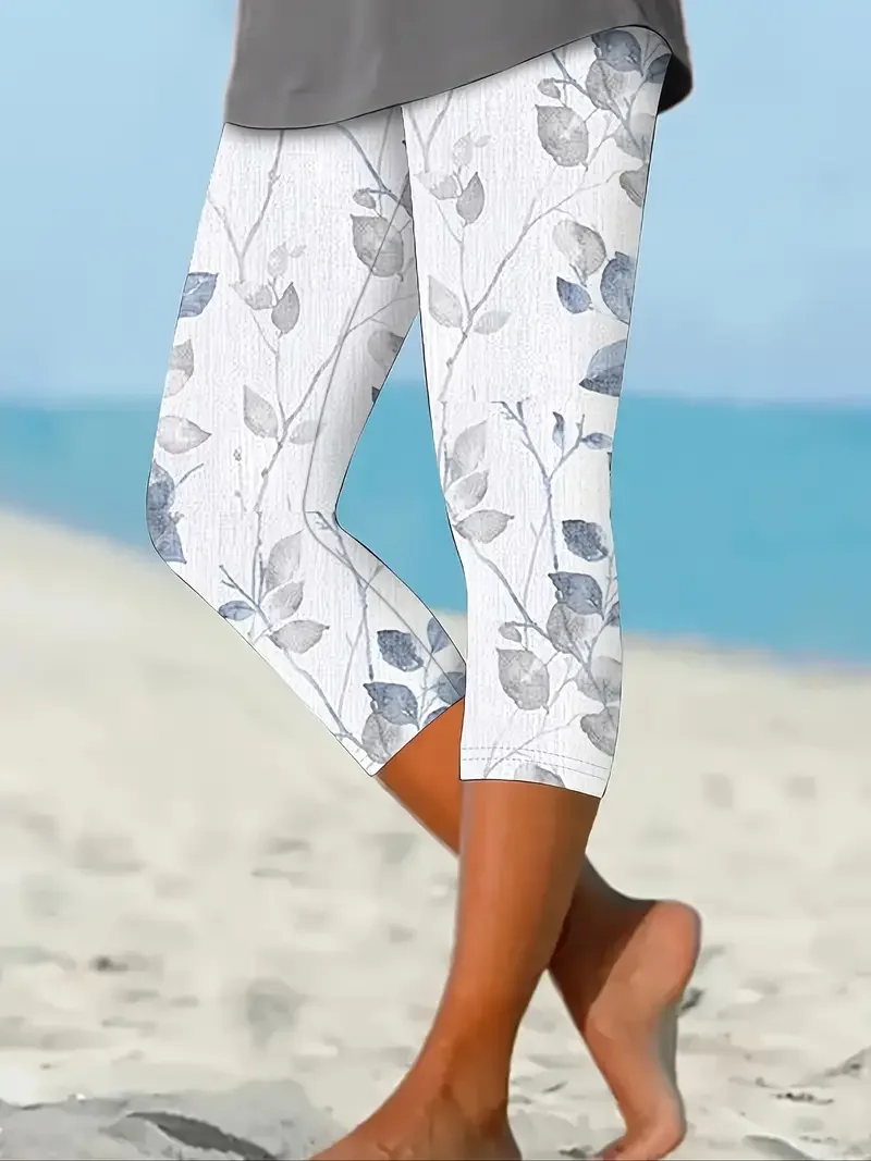 Casual Floral Printing Capris Elastic Waist Leggings