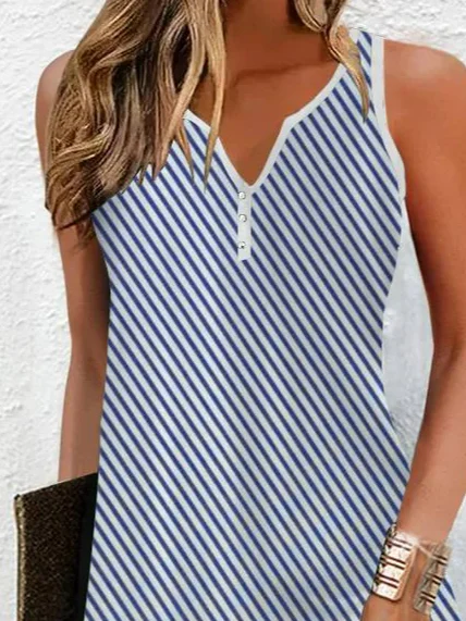 Women Striped Notched Sleeveless Comfy Casual Printing Mini Dress