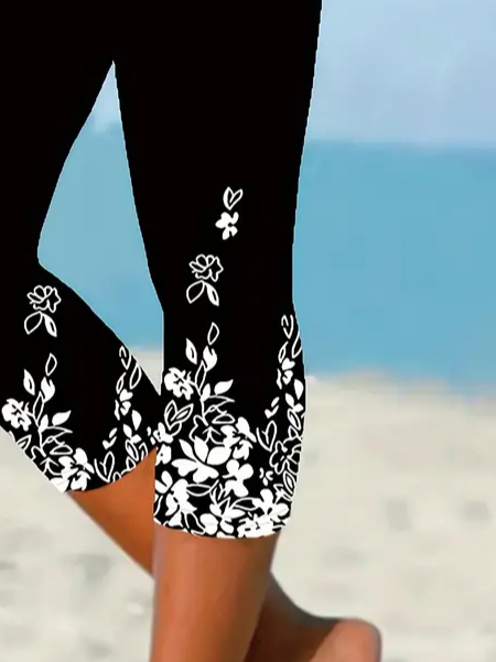 Casual Floral Printing Capris Elastic Waist Leggings