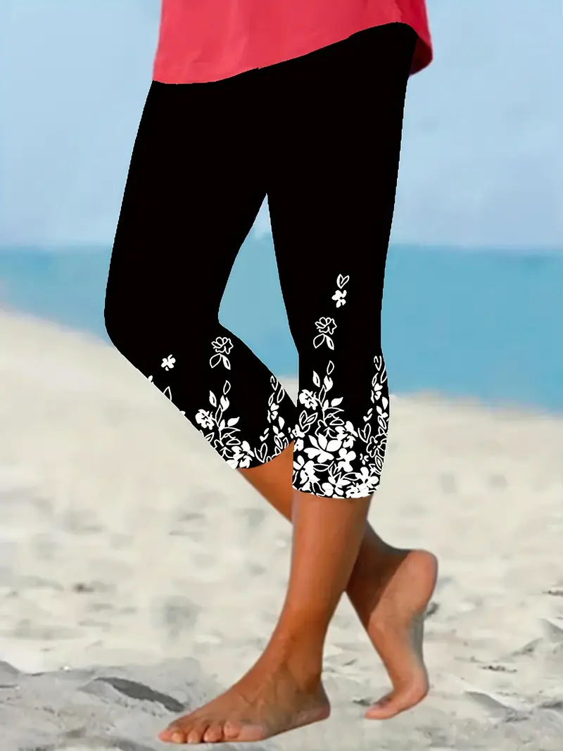 Casual Floral Printing Capris Elastic Waist Leggings