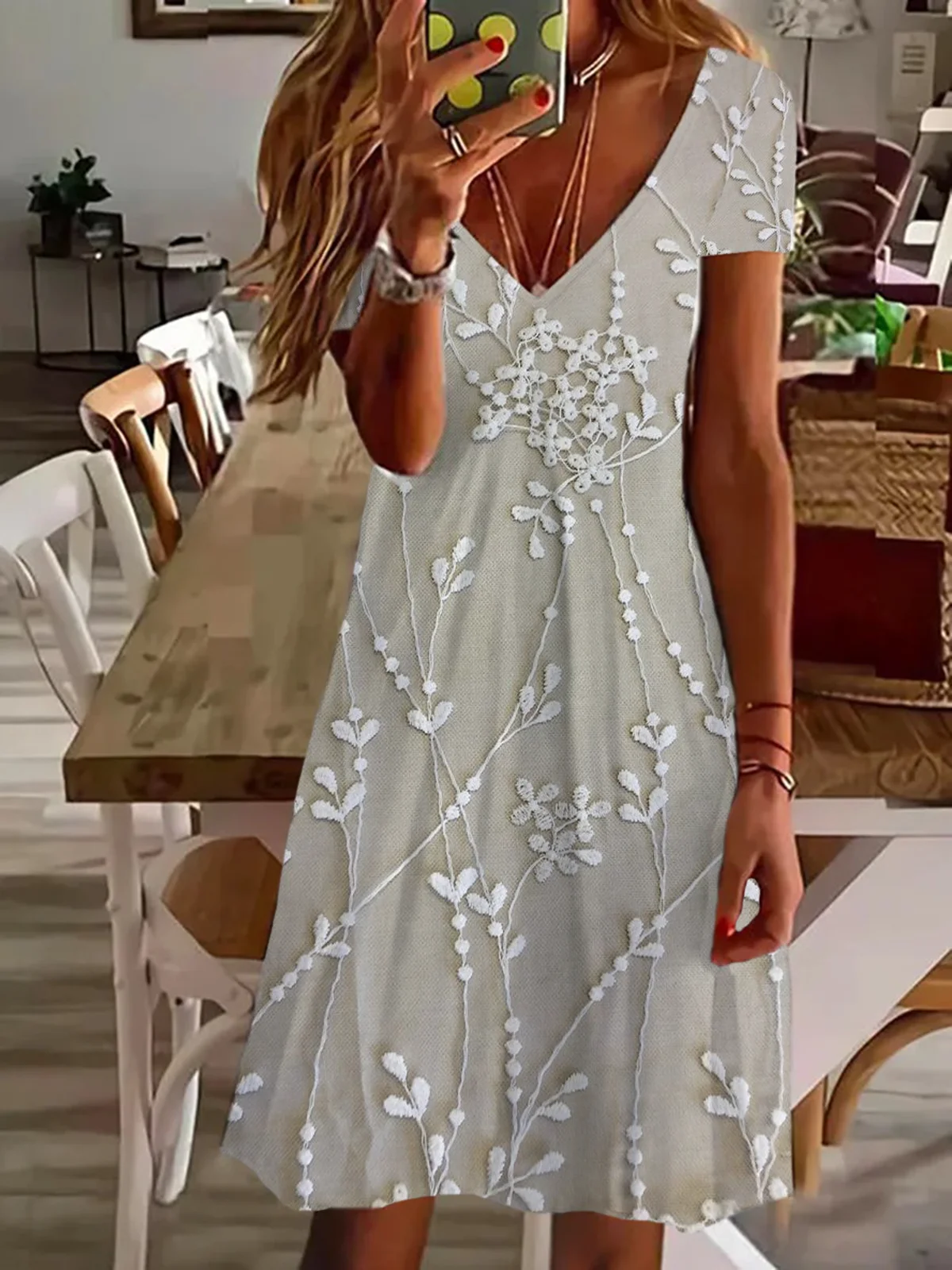 Women Floral V Neck Short Sleeve Comfy Casual Printing Knee Length Dress