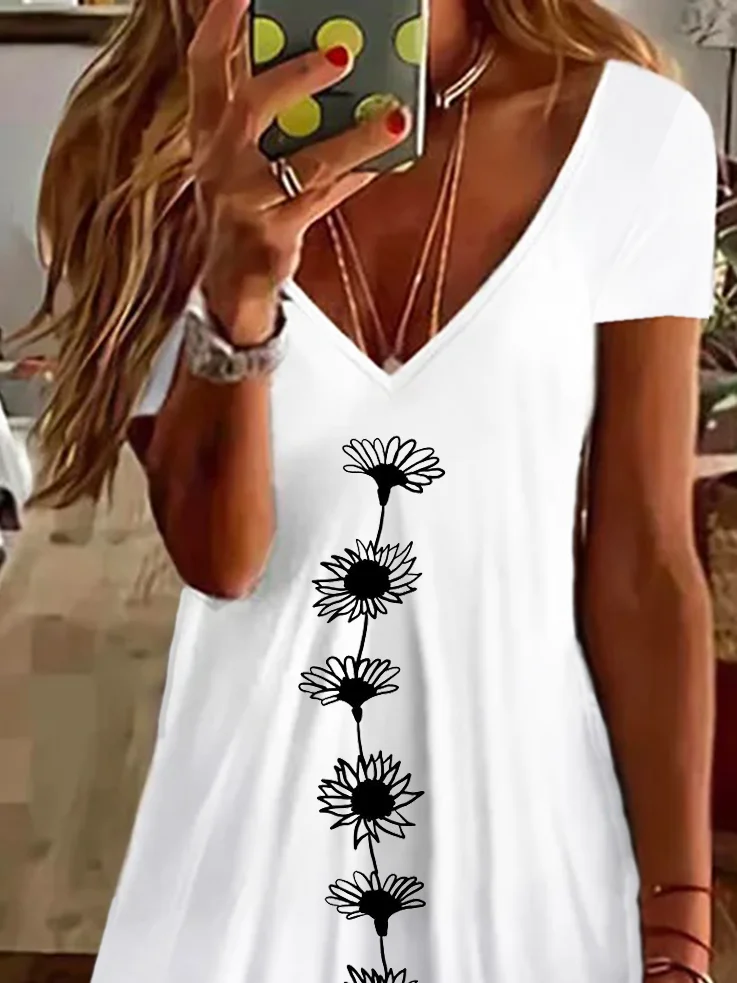 Women Sundress Floral V Neck Short Sleeve Comfy Casual Printing Knee Length Dress