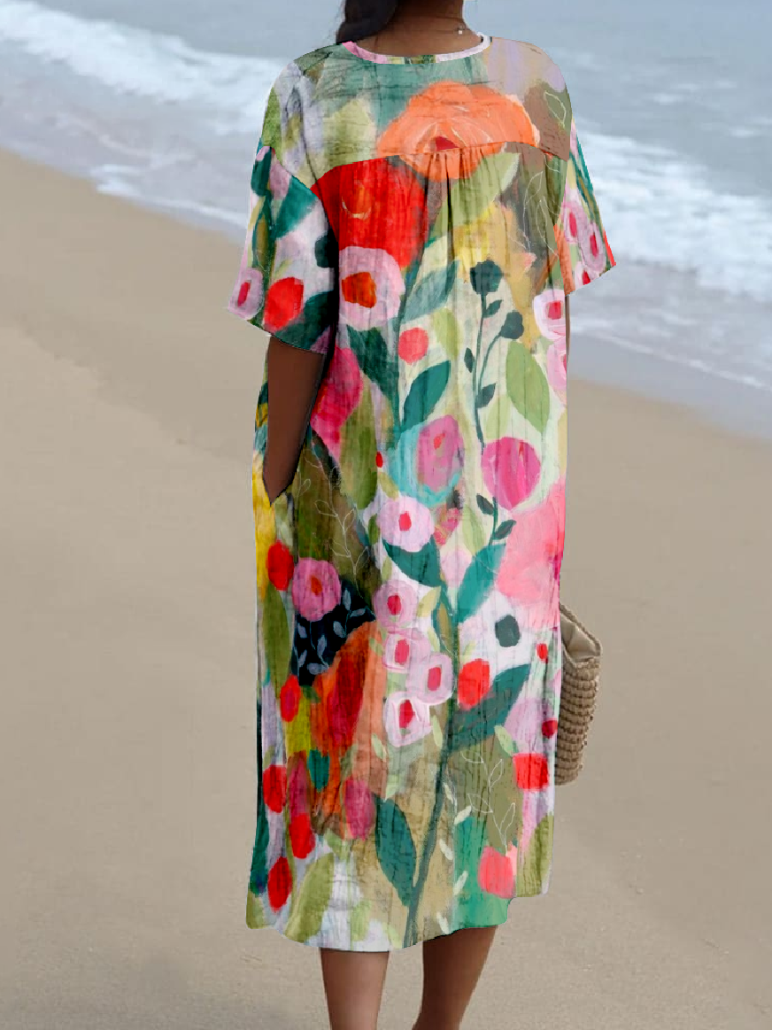 Women Psychedelic Art Summer Dress V Neck Short Sleeve O-Line Dress