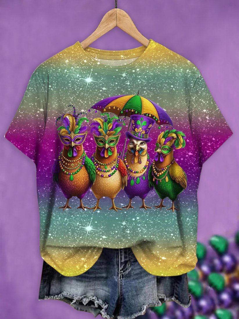 Mardi Gras Casual Ombre Crew Neck Short Sleeve T-shirt
