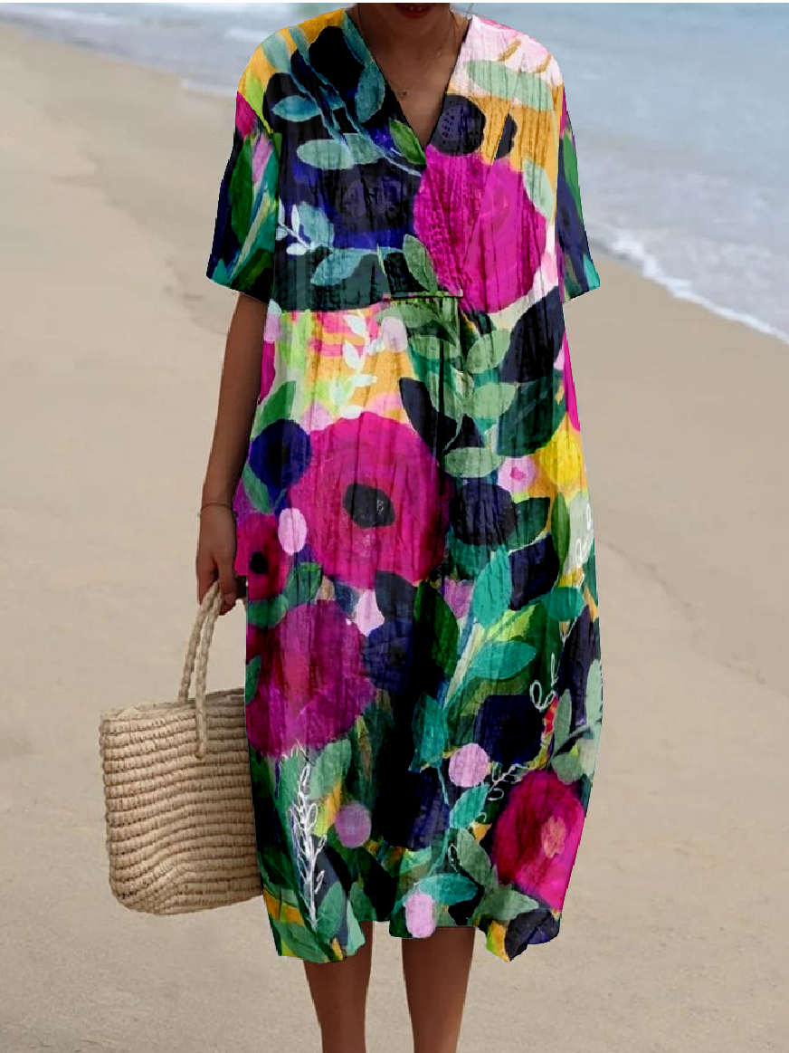Women Psychedelic Art Summer Dress V Neck Short Sleeve O-Line Dress